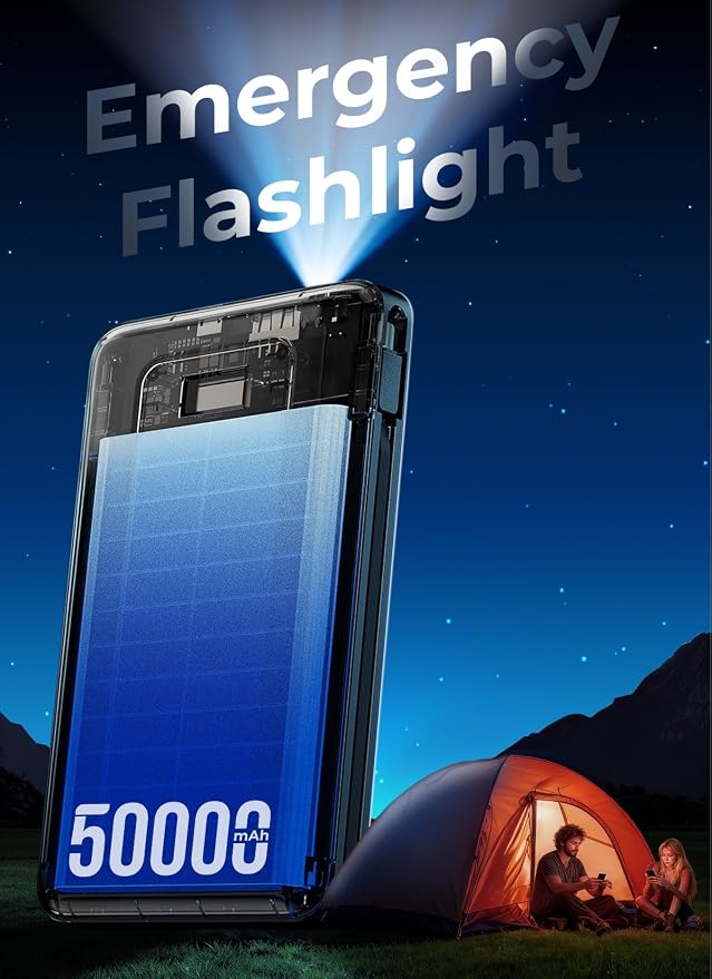 Portable Charger Power Bank 50000mAh, Massive Capacity Travel Essential, Built-in USB-C & iOS Cables, AC Wall Plug, 22.5W Fast Charging Battery Pack with LED Display for Camping, iPhone, Samsung