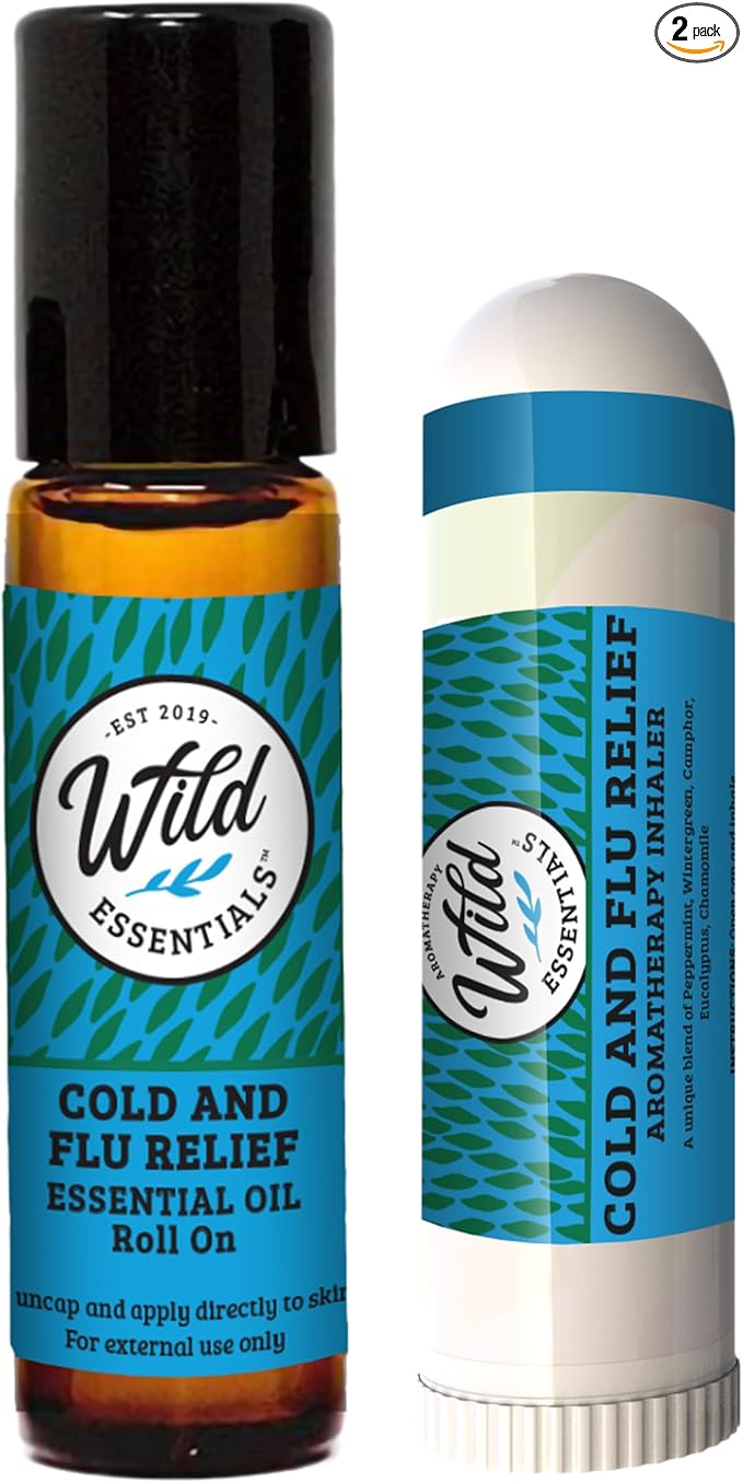 Wild Essentials Cold and Flu Relief 2-Pack Bundle – Roll-On & Aromatherapy Inhaler for Congestion, Sinus Relief & Respiratory Support