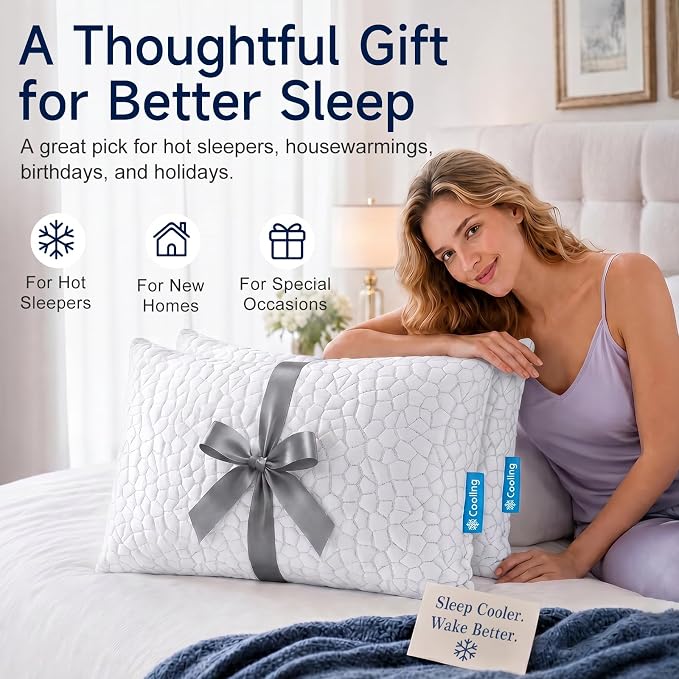 QUTOOL Cooling Pillow for Sleeping, CertiPUR-US Shredded Memory Foam King Pillows Set of 2, Cool Pillow for Hot Sleepers Adjustable Firm Pillow for Side, Back, Stomach Sleepers Soft Yet Support, White