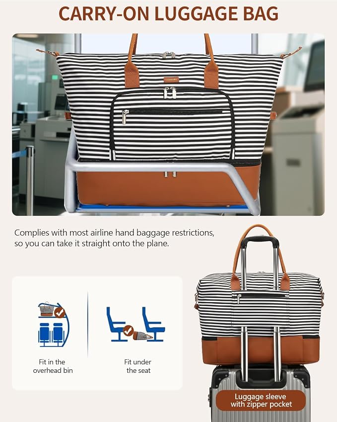 Weekender Bags for Women Travel, Under Seat Carry On Bags for Airplanes Overnight Bag with Shoe Compartment Luggage Sleeve, Foldie Travel Tote Bag Hospital Bag, Travel Gifts, Black Strip