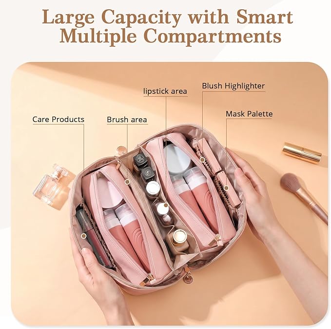 Travel Makeup Bag for Women: 3-in-1 Large Capacity Cosmetics Organizer with 2 Detachable Pouch - Vegan Leather Flat Open Toiletry Bag - Portable Travel Essentials for Full-Sized Bottles(Pink)