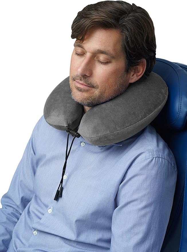 travelrest Neck Pillow Travel Essential - Memory Foam, Washable Micro-Fiber Cover Pillow, Soft and Comfortable Head Support for Long Flights, Compact, Attaches to Luggage, Airplanes - (Grey, Curl)