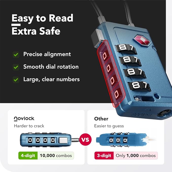 Luggage Locks TSA Approved with Inspection Indicator and Resettable 4-Digit, Easy-to-Read Combination, TSA Locks for Luggage, Suitcases, Backpacks & Travel Bags, Blue, 2-Pack