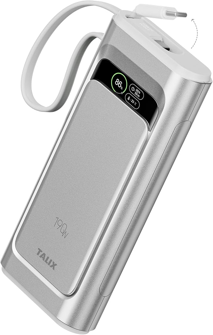 TALIX Laptop Power Bank, 20000mAh Portable Charger 190W Total Output, 3-Port Fast Charging (140W Max), Built-in USB-C Cable,High-Capacity External Battery Pack for MacBook,Dell,Computer,iPad,iPhone 17