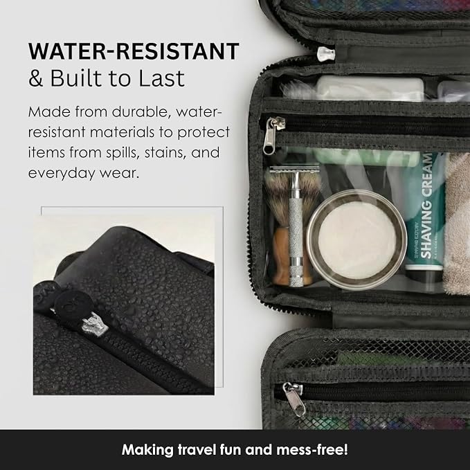 Travel Toiletry Bag for Men & Women, Large Capacity Makeup Organizer & Cosmetic Bag, Water-Resistant Portable Essentials Case with Metal Hook & Carry Handle - Perfect for Travel Use (Black, Large)