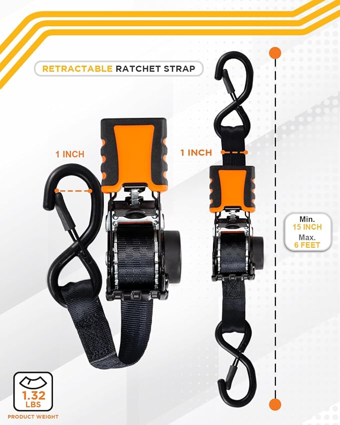 Strapinno 4pcs Retractable Ratchet Straps Bundle 1 in x 6 ft, Secure Tie-Downs with Rubber-Coated Steel Handles, S-Hooks & Durable Hardware for Daily Use with Breaking Strength - 1,500LBS/680KG Each