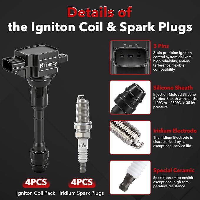 UF350 Ignition Coil Packs and Iridium Spark Plugs Compatible with 2002-2006 Nissan Altima, 2002-2006 Nissan Sentra, 2002-2007 X-Trail 2.5L L4, set of 4