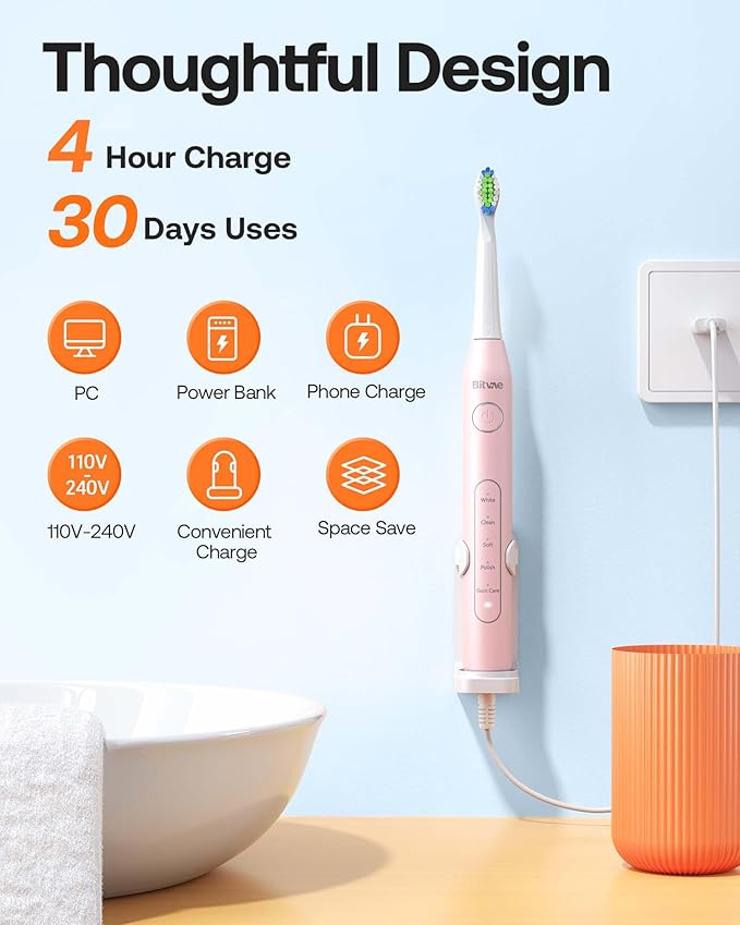 Bitvae Ultrasonic Electric Toothbrush - Rechargeable Sonic Electric Toothbrush for Adults and Kids, Power Toothbrush with Holder, 8 Brush Heads, Smart Timer, Fast Charge, Pink D2
