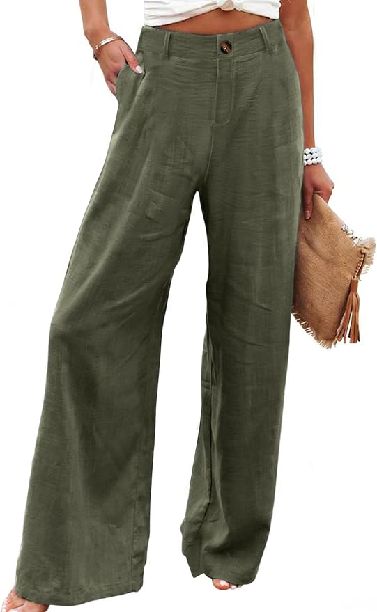 Hooever Womens Cotton Linen Pants Casual Button Up High Waisted Wide Leg Trousers