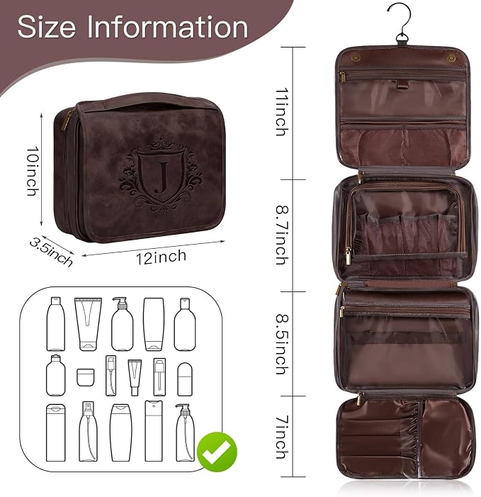 Laser-Engraved Initial 3-in-1 Hanging Travel Toiletry Bag 21st 30th 40th 50th 60th Birthday Gifts for Men, Personalized PU Leather Shaving Bag for Dad Husband Brother Boyfriend Dark Brown D