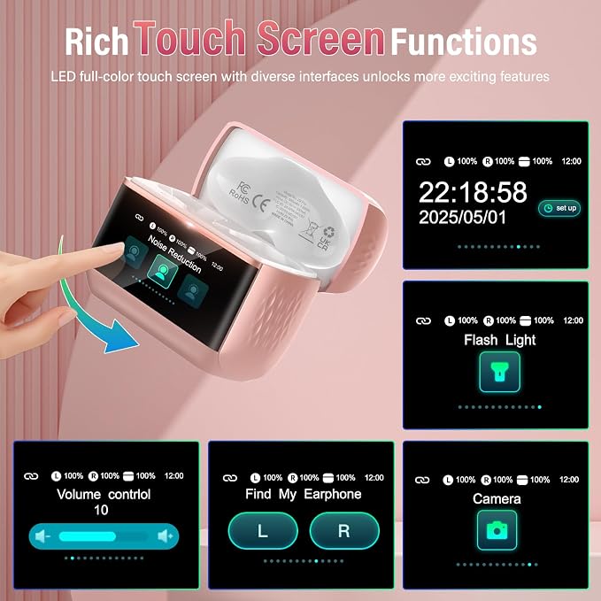 Wireless Earbuds with Touch Screen, Bluetooth 5.4 Headphones, ANC/ENC Noise Cancelling, 48H HiFi Stereo Bluetooth Ear Buds with 5 EQ Modes, Transparency Mode, IPX7 Earphones, Rosa