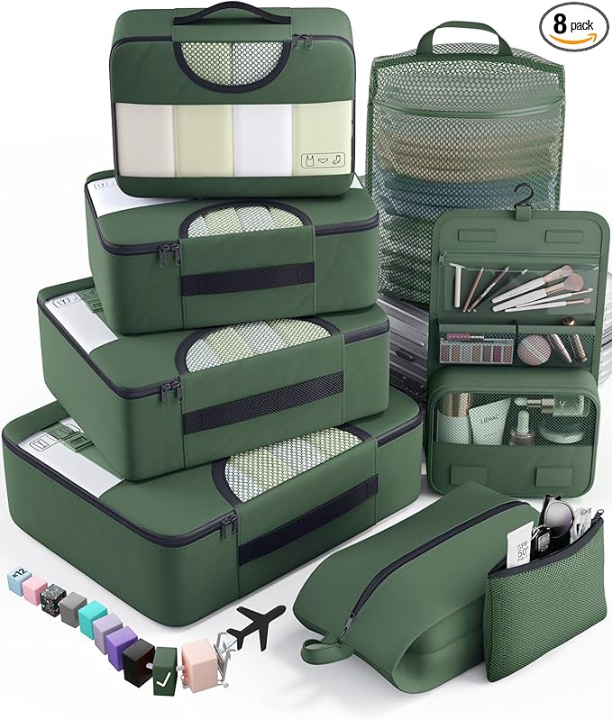 Veken 8 Set Packing Cubes for Travel Essentials, Suitcase Organizer Bags in 4 Sizes, Carry-On Luggage Accessories with Large Laundry Bag & Passport Holder, Must-Have for Airplane, Road Trip & Camping