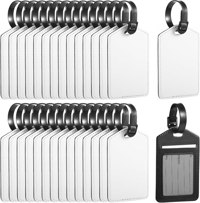 30 PCS Sublimation Luggage Tags for Suitcases, Blank Leather Suitcase Tags with Card Inserts, Heat Transfer Travel Bag Tags with Snap, Leather Sublimation Blank DIY Suitcase Name Tag