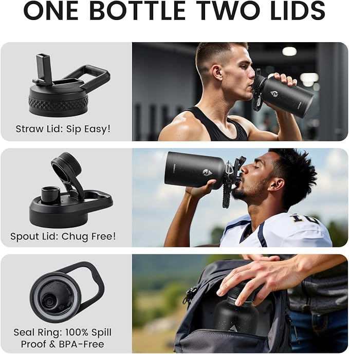 RAYMYLO Insulated Water Bottle 64 oz, Triple Wall Vacuum Stainless Steel (Cold for 48 Hrs), Leak Proof & Non-BPA, Half Gallon Water Flask Jug with Paracord Handle & Straw Spout Lids