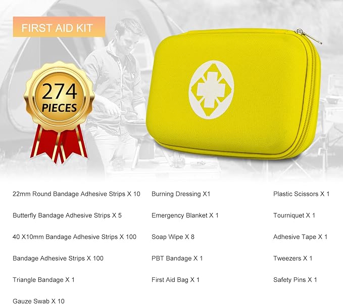 274PCS Hiking First Aid Kit for Home Personal Emergency Supplies Compact Bag for Backpack, First Aid Essentials Survival Kit for Business Travel Car Yellow Monoki