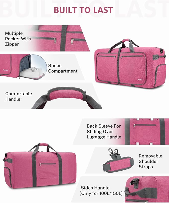 Gonex Large Foldable Travel Duffle Bag with Shoes Compartment, Packable Lightweight Water Repellent Duffel Bag for Camping Gym Weekender Bag