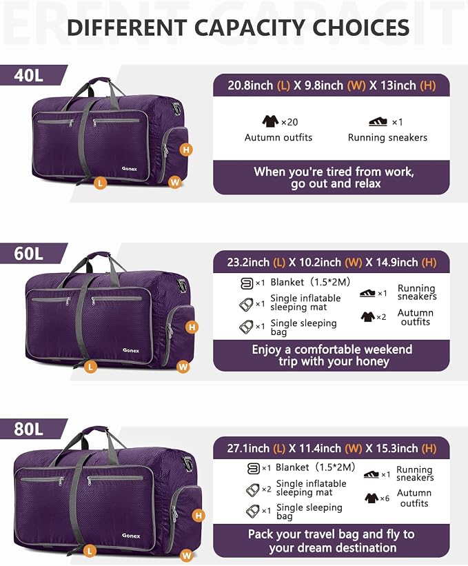 Gonex Large Foldable Travel Duffle Bag with Shoes Compartment, Packable Lightweight Water Repellent Duffel Bag for Camping Gym Weekender Bag