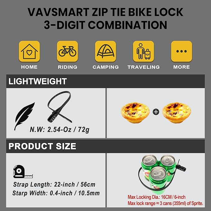 Zip Tie Lock, Adjustable Cable Lock with Combination - Lightweight Quick Combo Locking Security for Bicycle Racks, Kids Bikes, Motorcycle Helmets, Strollers, Skis, Sheds, Cabinets (3 Pack)