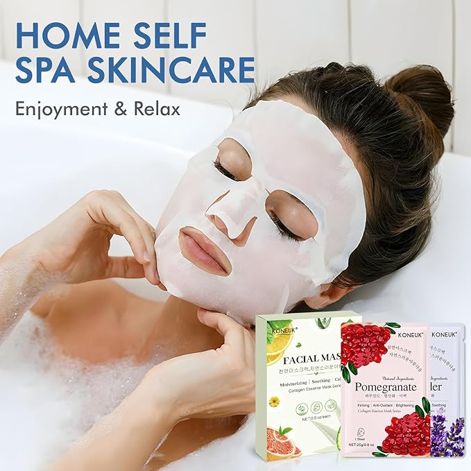 KONEUK 24 Pack Sheet Face Masks Skincare for Women, Hydrating Collagen Essence Face Masks Suitable for All Skin Types, Face Mask Gifts Set for Spa Party, Bulk Facial Masks for Women Skin Care
