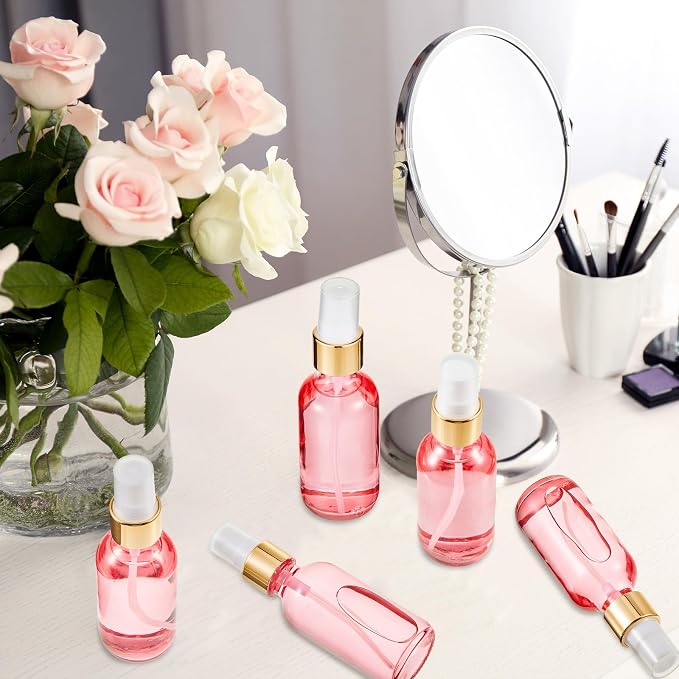 Roshtia 30 Pcs Glass Spray Bottle Clear Empty Bottles Small Refillable Reusable Perfume Bottle with Fine Mist Sprayer Pump for Face Body Travel(2 oz,Rose Gold with Gold Lid)