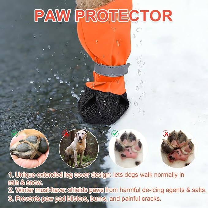 XXL Orange Stay-On Suspender Dog Boots | Anti-Slip Waterproof | Adjustable Dog Shoes Paw Protector for Large Dogs Outdoor Walking Hiking Hot Pavement Winter Snow