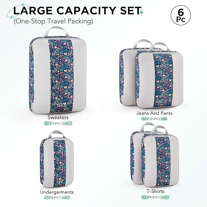 6 Set Compression Packing Cubes for Travel Essentials,Compressible Expandable Packing Cubes for Suitcase,OlarHike Luggage Garment Bags for Travel,Handy Helper for Organizing Clothes(Dark Blue Floral)