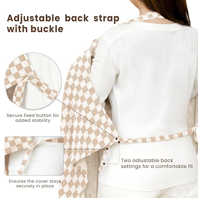 Konssy Muslin Nursing Cover for Baby Breastfeeding, Breathable 100% Cotton Breastfeeding Cover with Rigid Hoop for Mother Nursing Apron, Multi-use Carseat Canopy (Coffee Check)