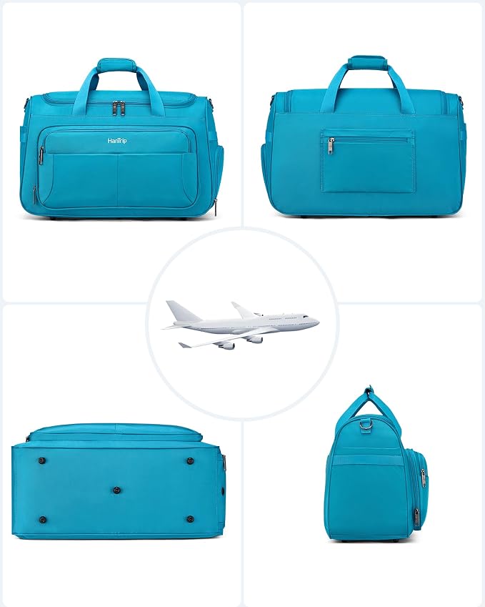 HanTrip Carry on Duffel Bag Foldable Duffle Bags for Travel, Large Personal Item Bags for Airplanes, Weekender Overnight Mens Travel Tote Bag for Women Softside Carry on Luggage (Caribbean Blue)