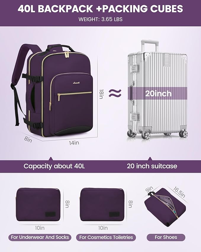 LOVEVOOK 40L Travel Backpack Flight Approved Carry on Backpack,3 Packing Cubes,Waterproof Personal Item Travel Bag,TSA Carry on Luggage Suitcase Travel Essentials,Gifts for Women & Men,fits 17" Laptop