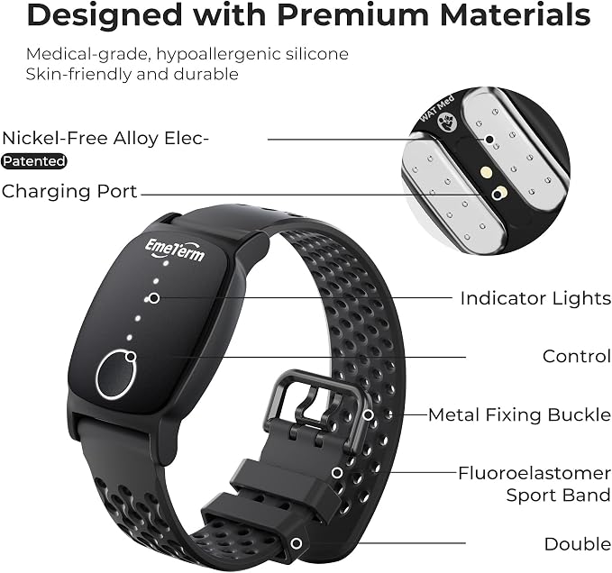 EmeTerm Explore Active FDA-Cleared Anti-Nausea Wristband Nickel-free 5m Dive Ready Motion Sickness Relief Band Non-drowsy Drug-Free Rechargeable Fluoroelastomer Strap for Salt-water Resistance (Black)