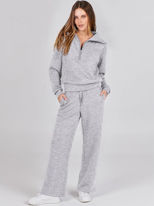 ANRABESS Women’s 2 Piece Outfits Half Zip Sweatshirt & Wide Leg Pants Airport Travel Lounge Matching Sets Sweatsuits Clothing