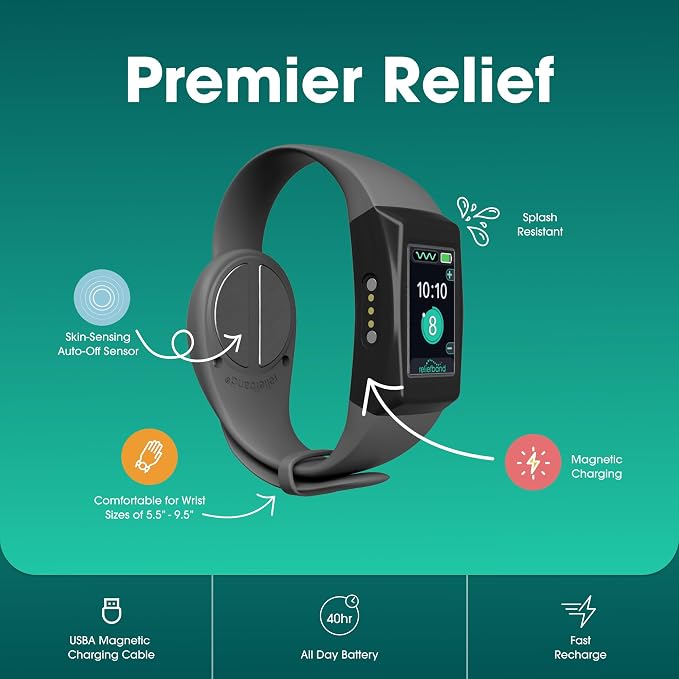 Reliefband Premier+ Anti-Nausea Wristband with Conductivity Gel - FDA-Cleared, Drug-Free, Fast-Acting Relief for Motion Sickness, Travel, Anxiety & Migraines - Smart Display, Rechargeable