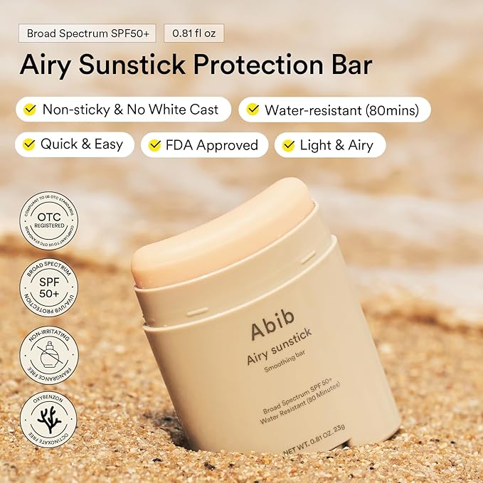 Abib Airy Sunstick Protection Bar DUO SPF50+ Broad Spectrum, Semi-Matte Sunscreen Stick for Oily & Combination Skin, No White Cast, Water-Resistant, Korean Sunscreen, 0.81 oz / 23 g, 2 Count