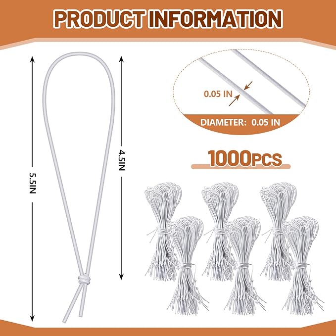 1000 Pcs 9 Inch Long Elastic Loop for Attaching Tags, Easy and Fast to Attach, Bundle of White Elastic String for Hang Tag, Clothes Tabs, Price Tabs, Luggage Label