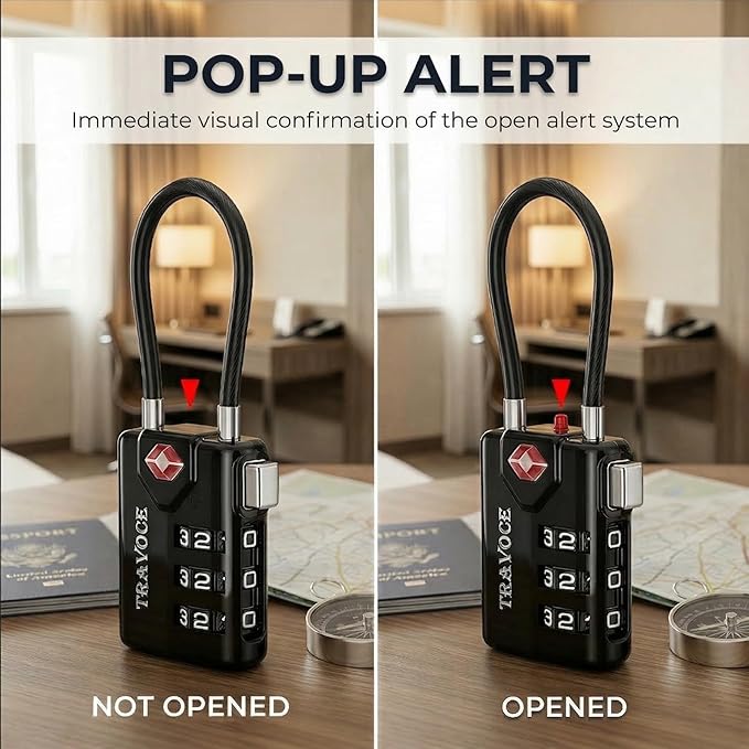 TRAVOCE TSA Approved Luggage Locks - Heavy Duty 3 Digit Combination Cable Lock, Search Alert for Suitcases, Backpacks, Golf Bags, Tents, Violin and Camera Cases, 4 Pack, Black
