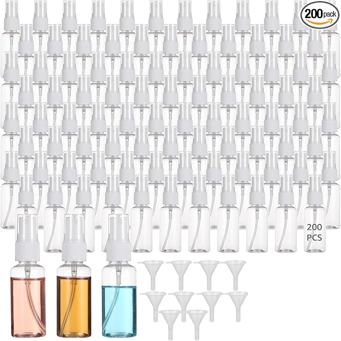 OMISTAR 200 PCS 1 oz Mini Small Spray Bottle - 30ml Transparent Plastic Travel Spray Bottles for Perfume Cosmetic, Travel Size with 5 Funnels, Convenient Refillable, Leak-proof Design