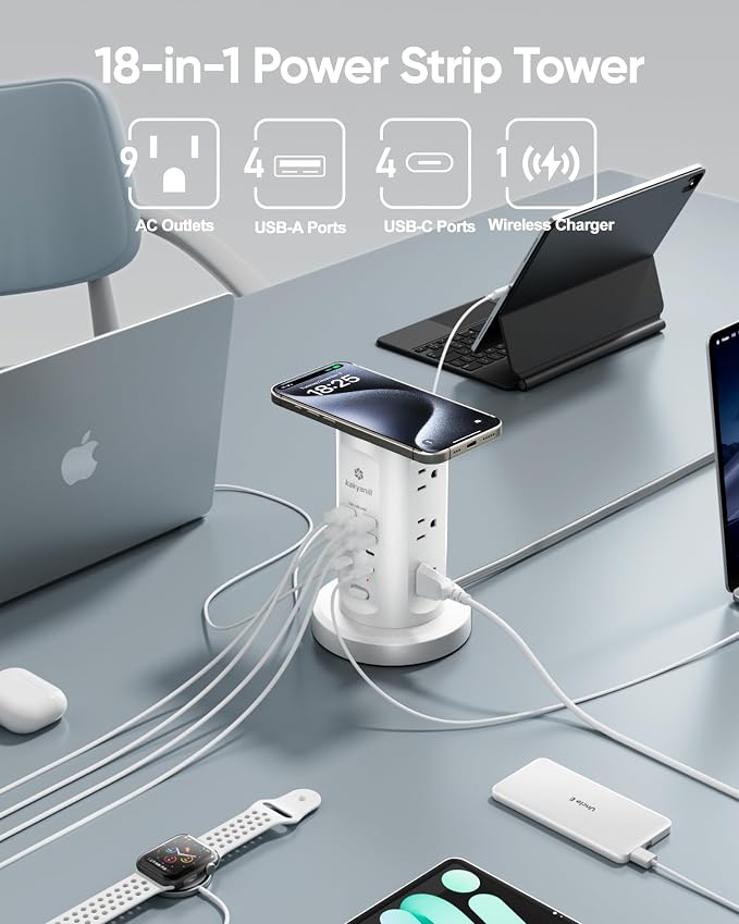 Kakyanill 30W USB Charging Station, Power Strip Tower, 9 AC Outlets with 8 USB Ports(4 USB-C), 6Ft Flat Plug Retractable Extension Cord, for Home Office Dorm, White