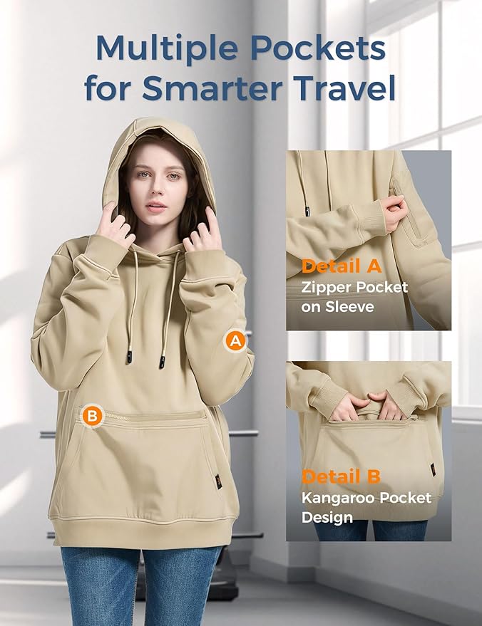 Travel Hoodie with Built-In Eye Mask for Airplane Travel Breathable Comfort Pullover Sweatshirt Multiple Pockets