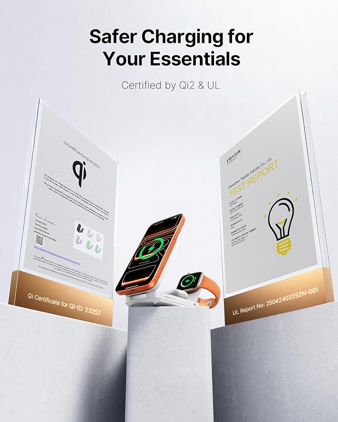 INIU Foldable Magnetic Wireless Charger, Qi2 Certified 3-in-1 Travel Charging Station with 15W Fast Charge - Compatible with Mag-Safe for iPhone 17/16/15 Series, Apple Watch, AirPods (White)