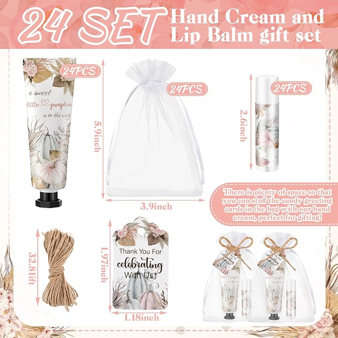 24 Sets Boho Fall Pumpkin Baby Shower Hand Cream and Lip Balm Gifts a Sweet Little Pumpkin Is on the Way Baby Shower Favors Travel Size Hand Lotion and Lip Balm with Organza Bags Tags for Guest