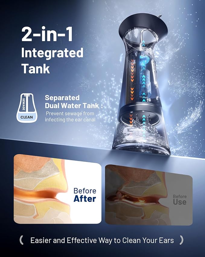 Ear Wax Removal with One-Piece Waste Tank, FSA-HSA-Eligible, Water Powered Ear Cleaner, Electric Ear Cleaning Kit with Water Temperature Sensor, Ear Irrigation Flushing System, Blue
