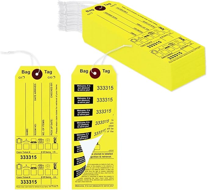 Luggage Claim Tags with String Attached, Consecutively Numbered, with Luggage Images, Bag Stickers, Claim Ticket - Bag Tags for Hotel and Motel Bag Storage. Size: 6 3/4" (H) x 2 1/2" (W). 1000 Tags.