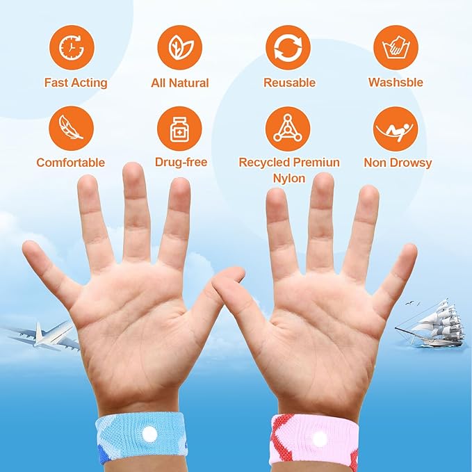 Motion Sickness Bands for Kids Cruise Travel Essentials Anti-Nausea Acupressure Wristband for Car Sea Sickness Wristbands for Kids-2 Pairs Camo Blue&Red