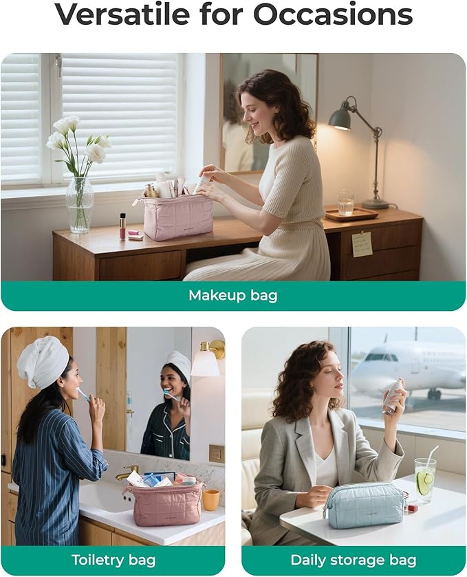BAGSMART Makeup Bag Travel Toiletry Bag, Puffy Padded Make Up Bags for Women Makeup Organizer Case, Wide-open Pouch Purse Travel Essentials Toiletries Accessories Brushes, Garnet Red