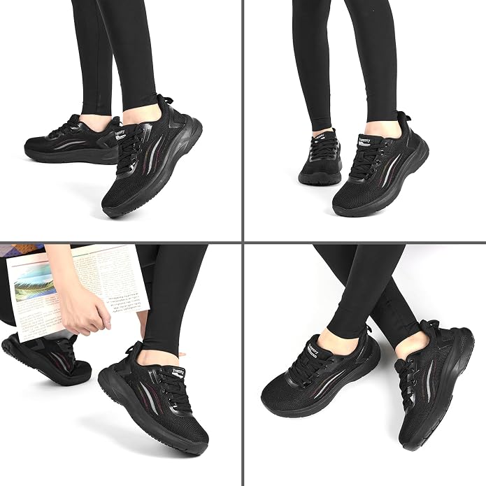 Treesky Black Non Slip Work Shoes for Women, Restaurant & Kitchen Sneakers | Slip resistant soles, lightweight cushioning, breathable knit, removable insole, for nursing, food service & long shifts