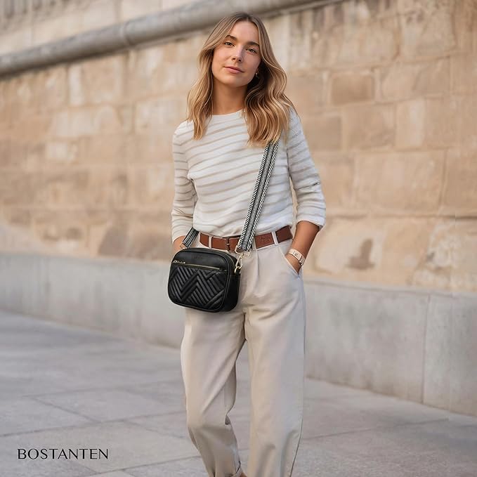 BOSTANTEN Quilted Crossbody Bags for Women Vegan Leather Purses Shoulder Handbags with Wide Strap