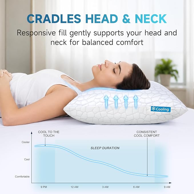 QUTOOL Cooling Pillow for Sleeping, CertiPUR-US Shredded Memory Foam King Pillows Set of 2, Cool Pillow for Hot Sleepers Adjustable Firm Pillow for Side, Back, Stomach Sleepers Soft Yet Support, White