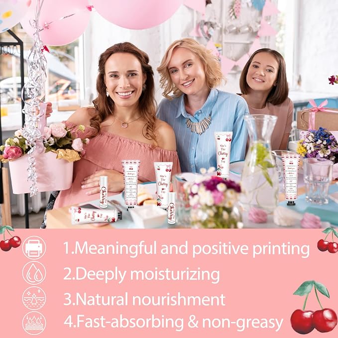 50 Sets 200 Pcs Baby Shower Gifts Bulk Hand Lotion and Lip Balm Party Favors Cherry Theme Travel Size Hand Lotion and Lip Balm with Organza Bags Tags