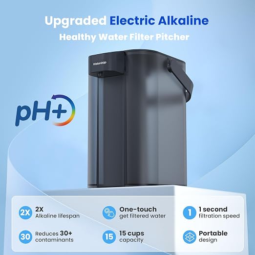 Waterdrop ED01AB Electric Water Filter Pitcher, Alkaline Rechargeable Water Dispenser, with 1 Filter, Instant 200-Gallon 15-Cup Countertop Purifier, Reduce PFOA/PFOS, Chlorine, Lead, Blue