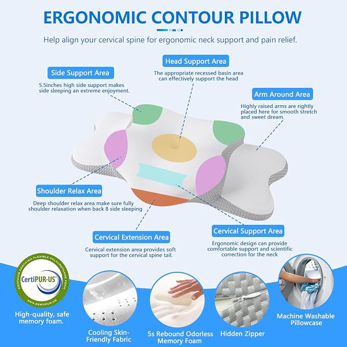 Cervical Neck Pillow for Neck Pain Relief & Side Sleeper | Ergo Pillow for Sleep Apnea, Neck Pain, and Snoring Relief | Orthopedic Memory Foam with Ergonomic Neck Support, White, Large